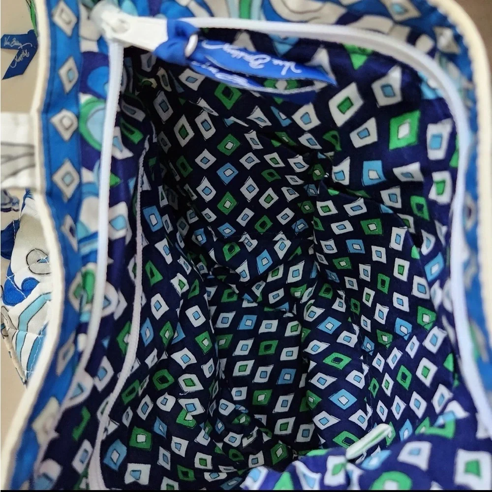 Vera Bradley Blue Flowers and Diamonds pattern white background, Shoulder Bag.